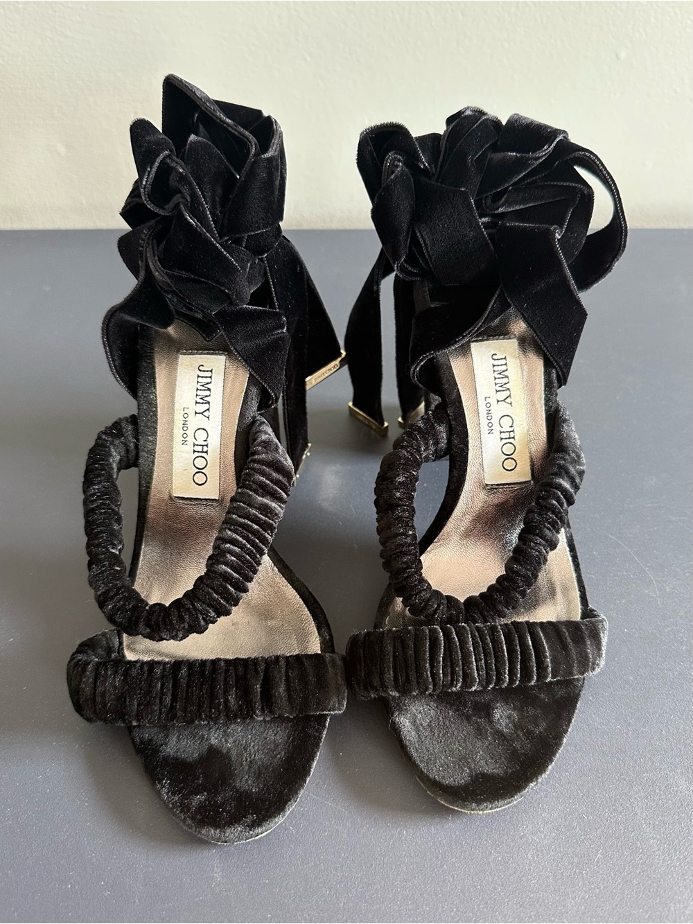 Jimmy Choo Black Velvet Ruffle Ankle-Tie Heels